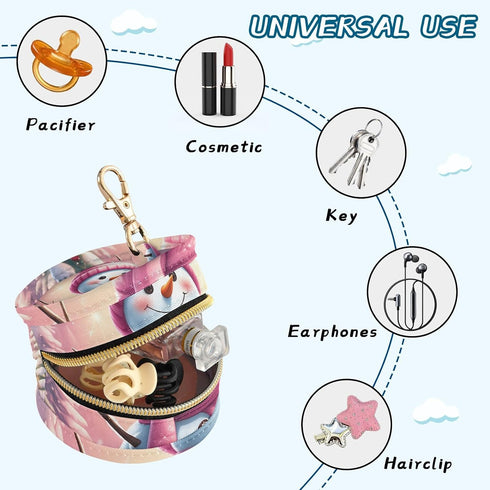 Christmas Snowman Round Pacifier Storage Case with Zipper, Portable Pacifier Case for Travel, Diaper Bag & Purse