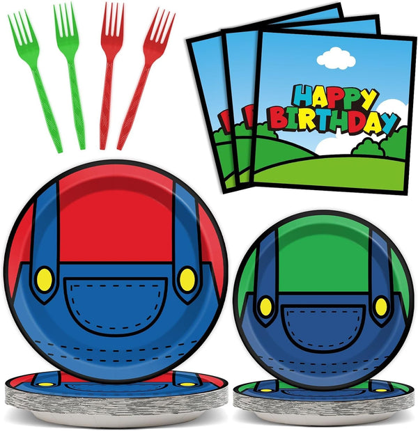 96 Pcs Super Brother Party Supplies Set, Super Video Games Tableware and Napkins for Kids Birthday Party Decorations