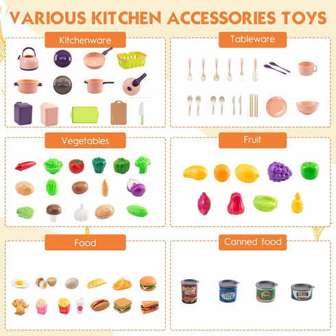 118Pcs Playset 2 Sets, Mini Play Kitchen Accessories for Kids, Pretend Cooking with Cookware, Tableware & Fruit
