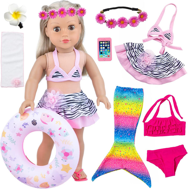 UNICORN ELEMENT 11 Pcs 18 Inch Girl Doll Clothes Set - Includes Colorful Mermaid Swimsuits, Mobile Phone & Accessories