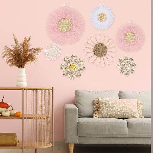 7 Chunful Pcs Boho Wall Basket Decor Rattan Flower Wall Decor Nursery Daisy Flower Woven Macrame Hanging Flowers
