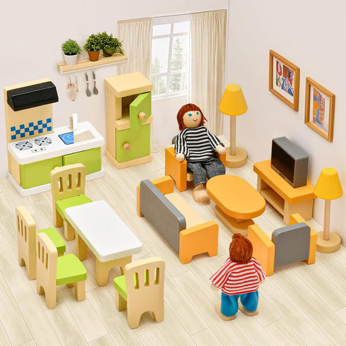 Set, 36PCS 5 4 3 4 5 6 Toyssa Wooden Dollhouse Furniture Miniature Doll House Accessories with Colorful Room & Flexible