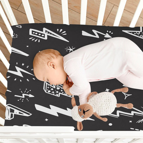 Fitted Crib Sheet for Boys Girls - Lightning Bolts Black Baby Crib Sheets Bassinet Sheets 27 x 39 in