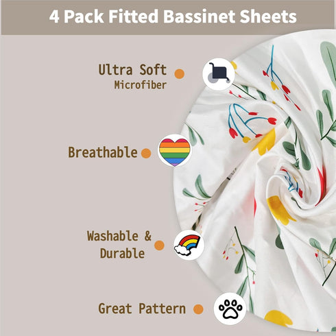 4 Pack 21" 35", Bassinet Sheets x Compatible with Besrey, Foalom, MiClassic, Milliard and Large Bassinet Mattress, Soft