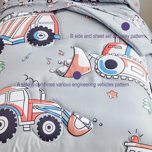 Set Boys,4 Set,Truck Set Construction Toddler Bedding for Pieces Gray Toddler Comforter Vehicles Excavator Cars