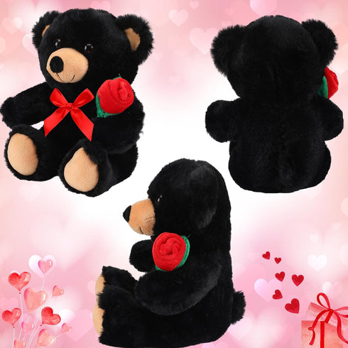 Black Bear Plush Stuffed Animal, 11.8 Inches Black Bear with Rose, Cute Gifts for Kids Toddler Girlfriend