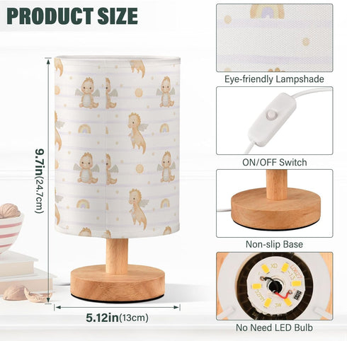 YYZZH Table Lamp Watercolor Baby Dragon Rainbow Striped Pattern Nightstand Lamp with Wood Base Fabric Lamp Shade
