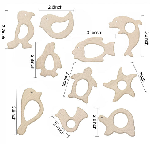 Penta Angel 10Pcs Wood Teething Rings Pain Relief Natural Wood Teething Toys Wooden Teether Animals for Infant Toddler, Turtles Swallows Dolphins Starfish Pigeons Birds Woodpeckers Fish Turtle(A)
