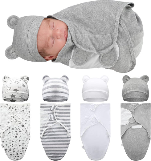 Buryeah 4 Pack Preemie Swaddle Blanket Wrap Set with Hat for Baby