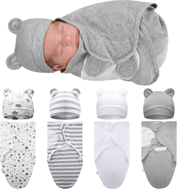 Buryeah 4 Pack Preemie Swaddle Blanket Wrap Set with Hat for Baby