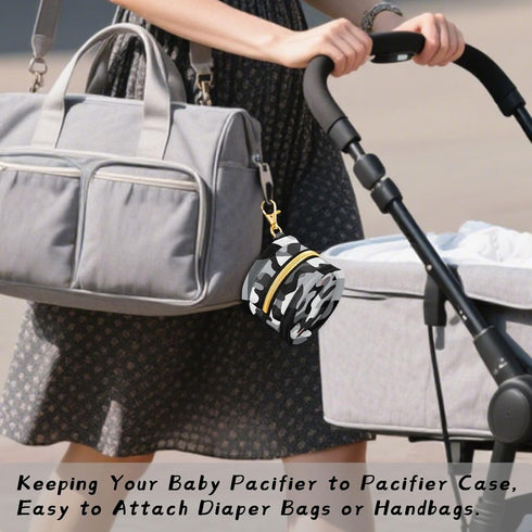 YETTASBIN Camo Portable Pacifier Holder Case with Metal Hook Buckle & Zipper for Diaper Bag and Stroller, Versatile