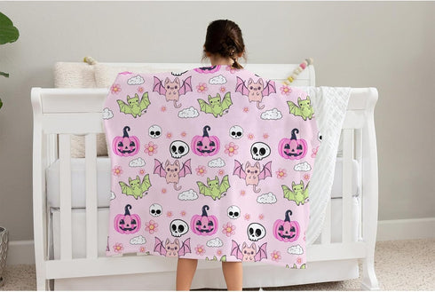 SqtmuHLuo Pink Halloween Baby Blanket Boy Girl Gift Neutral Cartoon Bat Cute Pumpkin Skull Soft Flannel Fleece Nursery