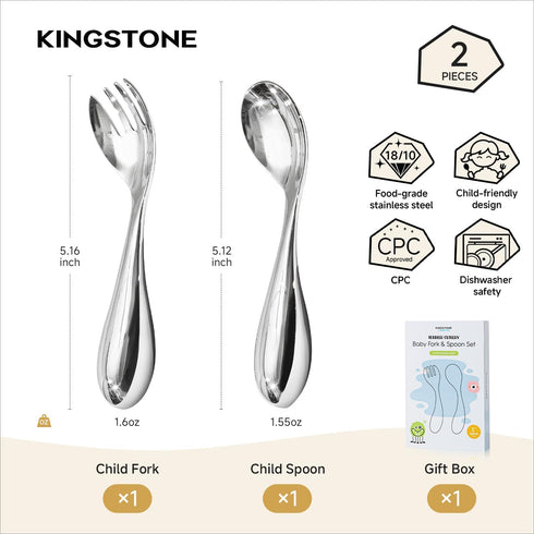 Set, 18/10 Set (2-Piece) KINGSTONE Toddler Utensils Stainless Steel Kids Silverware with Curved Handle, All-Metal Baby