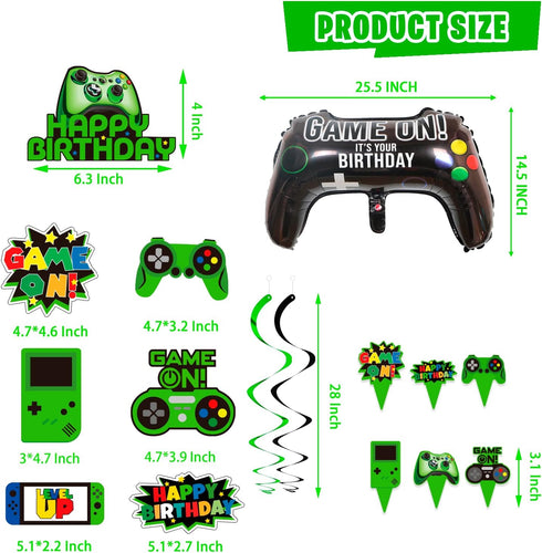 108Pcs Video Game Birthday Party Decorations - Green Gamer Supplies, Backdrop, Table Cover, Cupcake Topper, Balloon
