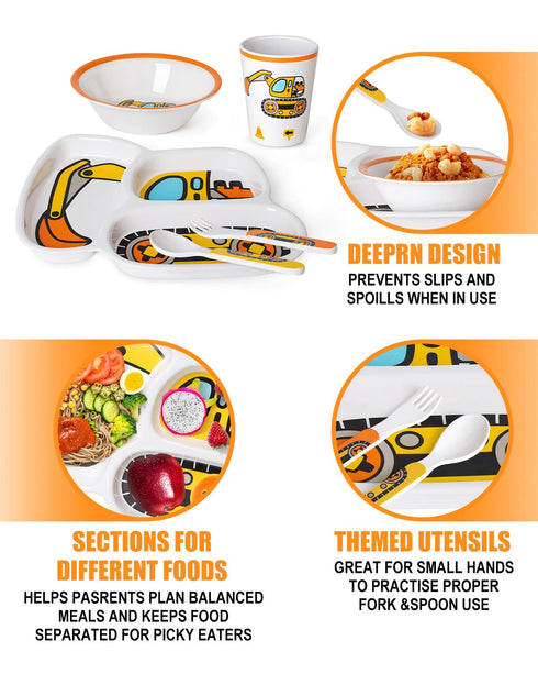 Lehoo Castle Kids Plates and Bowls Set, 5-Piece Dinnerware for Toddler, Includes Plate, Bowl, Cup, Tableware