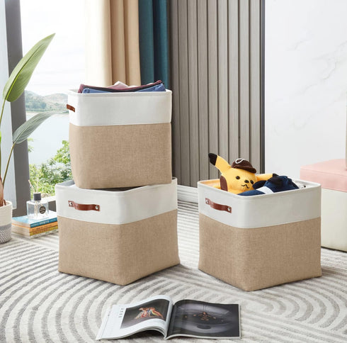 DECOMOMO Cube Storage Bin Storage Cubes 12 x 12, Set of 4 - Foldable Fabric Bins with Faux Leather Handles