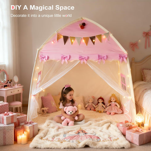 Setup 3-12 59x39x59 Kids Play Tent Indoor Teepee: Princess Castle Reading Nook with Mat Lights Carry Bag Mesh Windows