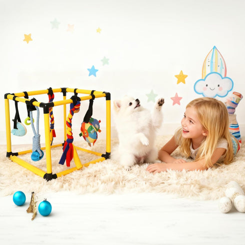 Interactive Dog Play Gym for Puppies Indoor Puppy Play Gym with Hanging Toys, Chew Accessories & Activity Posts