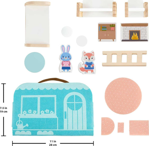 15-Piece Playset 3+ Fisher-Price Wood Pretend Play Toy Dollhouse Carry Along, Wooden Portable for Travel Preschool Kids