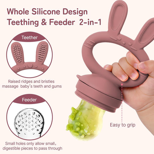 2 Pack, 4M+, Frozen Baby Fruit Feeder Pacifier Silicone Baby Food Feeder, Pink Bunny Feeder for Babies Fruit Feeder
