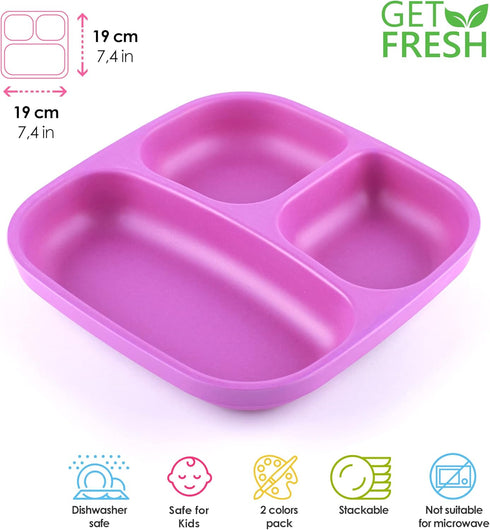 GET FRESH Bamboo Kids Divided Plates Set – 2-Pack 3 Compartment Bamboo Childrens Plates for Kids Meals – Reusable Bamboo Toddler Divided Plates Set – Colorful Bamboo Kids Dinnerware Sectioned Plates by GET FRESH