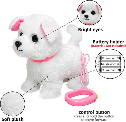 3-7 YH YUHUNG Walking White Dog Toy with Leash, Fluffy Electronic Puppy That Walks, Barks & Wags Tail, Interactive
