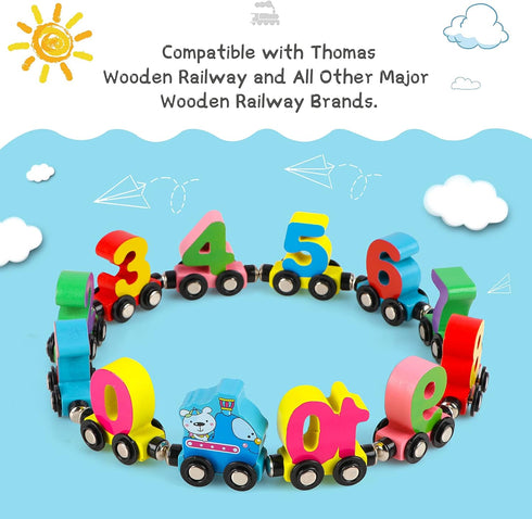 12 Set 1 Set Wondertoys PCS Wooden Number Train Toy Includes Engine Cars for Toddlers Boys and Girls, Compatible
