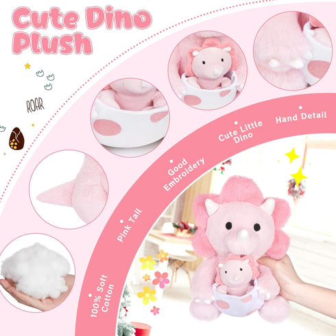 Dinosaur Stuffed Animal, 11.8inch Pink Plush with Baby Dino Toy, Triceratops for Girls, Boys, Birthday Gifts