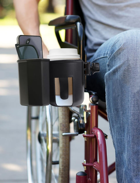 360 Universal Stroller Cup Holder with Phone Holder, Rotatable Strong Clip, Big Storage Space for Walker, Wheelchair