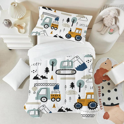 Set 4-Piece Set Toddler Bedding for Boys - Truck Bedding Comforter for Kids, Soft Comfort Construction Vehicle Bedding