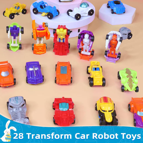 28 Pack 14 Easter Basket Stuffers, Transforming Car Robot Toys Easter Gifts for Kids Classroom Exchange Style Mini