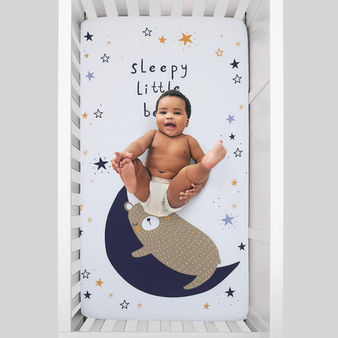 NoJo Goodnight Sleep Tight Fitted Crib Sheet, 100% Cotton, Light Blue, Navy, White, Tan