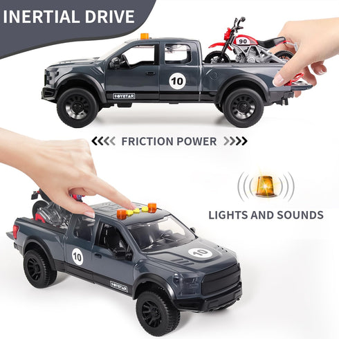 3+ Pickup Truck Toy with Motorcycle, Featuring Lights and Sound Effects,Toy Car with Opening Doors, Toy Cars Gifts