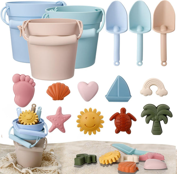 Hungdao 16 Pcs Colorful Silicone Beach Toys Set, Includes 3 Buckets, 3 Shovels, 9 Molds, 1 Beach Bag