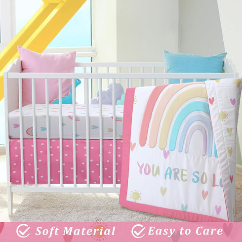Hahafelt 3 Set Set Piece Rainbow Boho Crib Bedding for Girls Inspirational Quote Pink Baby Crib Bedding Standard Size