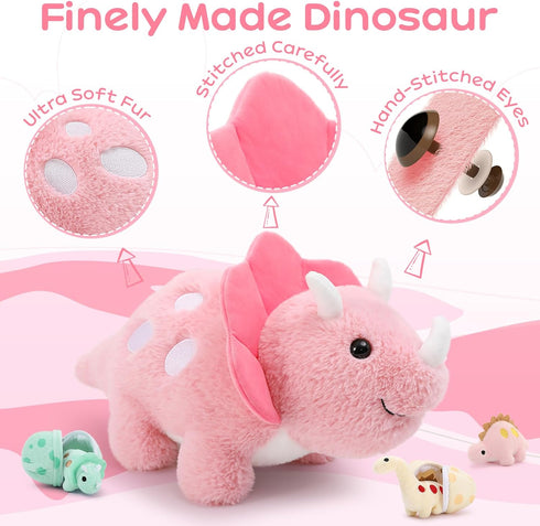 17.6in Mommy 3 Pink Dinosaur Toys for Girls, Dinosaur Stuffed Animal with Baby Dino Plush(Triceratops, Stegosaurus