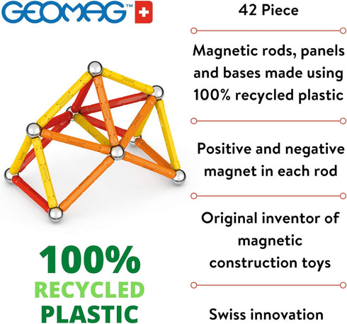 GEOMAG Magnetic Sticks and Balls Building Set, Classic 42 Piece, STEM & Educational Magnet Toys, 100% Recycled Plastic,