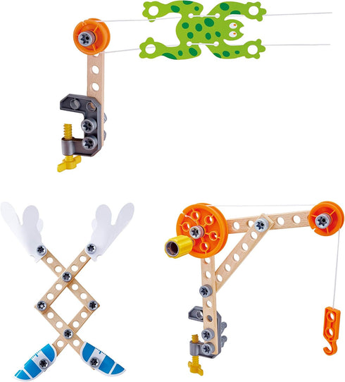 Hape Three Experiment Kit - Junior Inventor Kids Physics Mechanical Crane, Grabber & Climbing Frog Play Set
