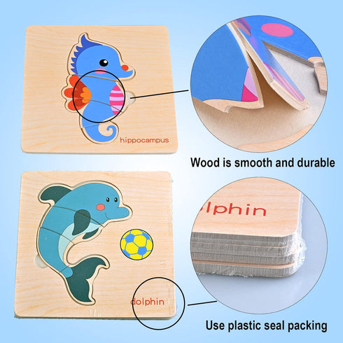 8pcs Wooden Puzzles for Toddlers 1-3, Montessori Sea Animal Puzzle for Kids Ages 2-4, Educational Toys