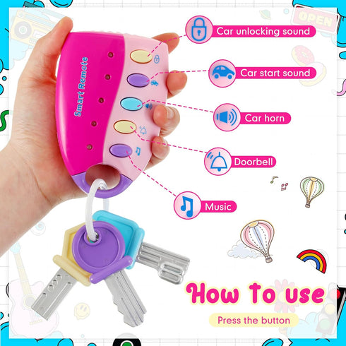 Skylety Musical Smart Remote Key Toy, Fun Fake Car Keys with Sound and Lights for Travel Play (Pink)