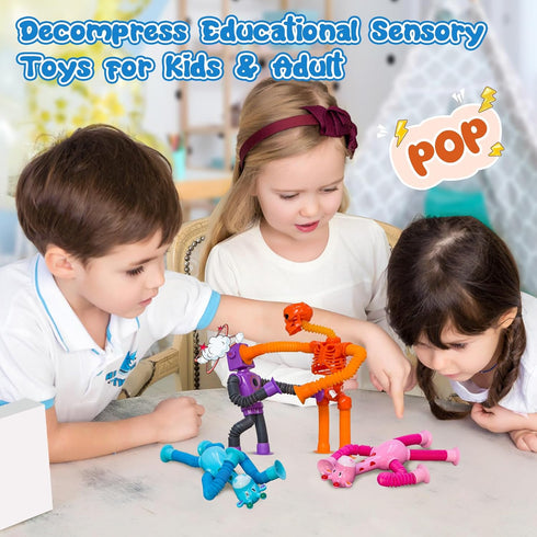 8Pack (8 Pack Pop Tubes Skeleton Fidget Toys for Kids, Robot Fidget Pop Toys Telescopic Suction Cup Toy for Stress