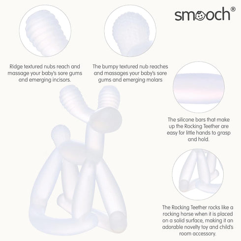 Smooch Rocking Teething Toys for Babies 0-6 Months, Easy to Hold Silicone Teether, Soothes Sore Gums (Clear)