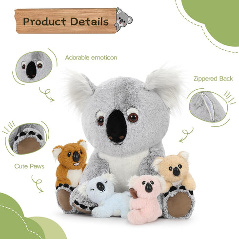 5Pcs 17.7 Inch, 4 Koala Bear Stuffed Animal Mom Koala Plush Toy with Adorable Babies Plushies in Zippered Back