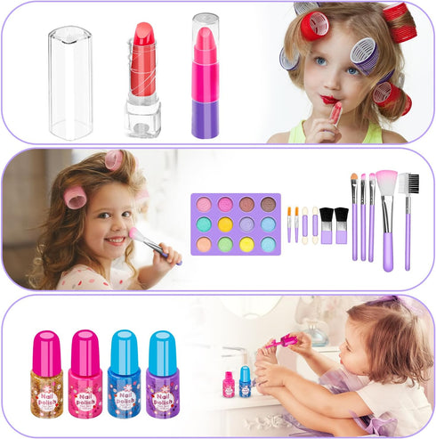 Hollyhi 58 Pcs Kids Makeup Kit for Girl - Real Washable Cosmetic Set with Mirror, Princess Toys, Play Make Up Birthday
