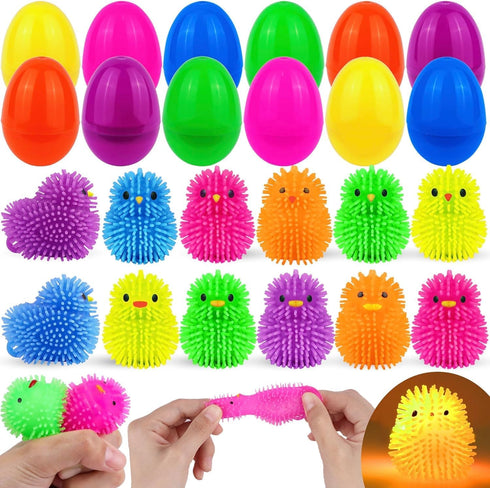 FLYSNK 12 Pack Easter Eggs Filled with LED Chick Puffer Balls, Easter Basket