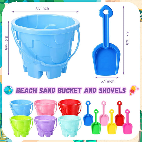6 Set 6 Summer (7.5 5.9 Inch) Didaey Beach Sand Buckets and Shovels, Include Sand Pail Bucket Colors with Castle Design
