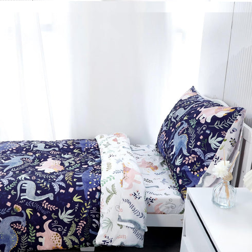 4 Set Set Set Pea Pod Piece Dinosaur Toddler Bedding for Boys, Premium Blue Toddler Comforter Crib Sheets Includes Flat