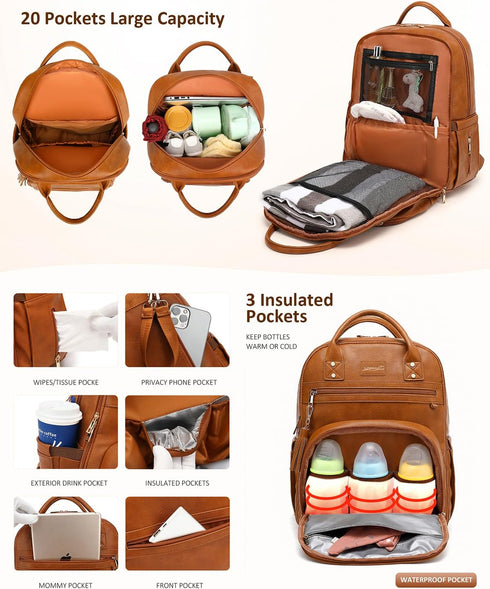 Backpack 20 15.6" ROSEGIN Premium Vegan Leather Diaper Bag with Waterproof Changing Pad, Reinforced Zippers