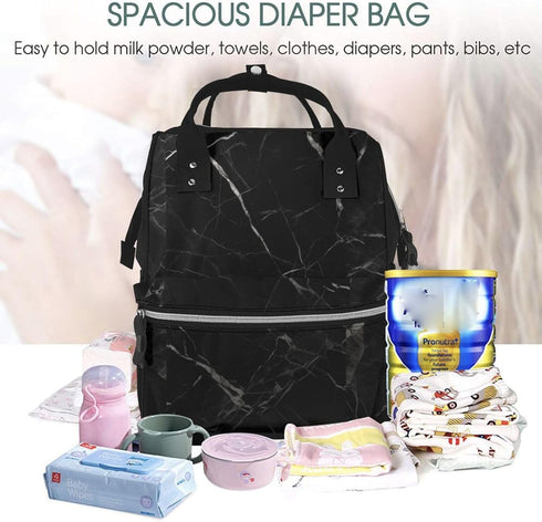 FHEDVBN Backpack Mummy Backpacks Daypack Black Marble Diaper Bag for Women Multifunction Waterproof for Mom Dad, Large