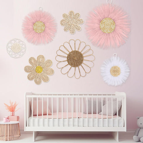 7 Chunful Pcs Boho Wall Basket Decor Rattan Flower Wall Decor Nursery Daisy Flower Woven Macrame Hanging Flowers